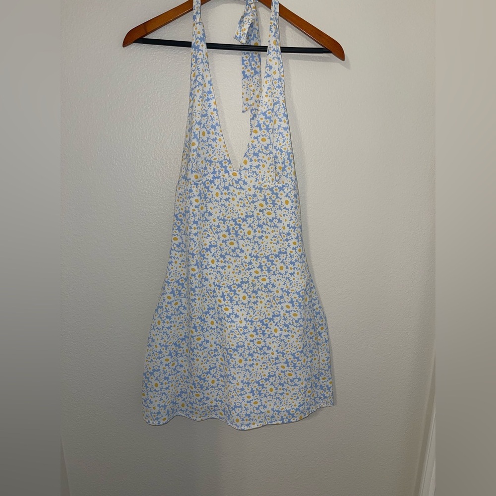 Elegant Floral Halter Mini Dress - White and Yellow
